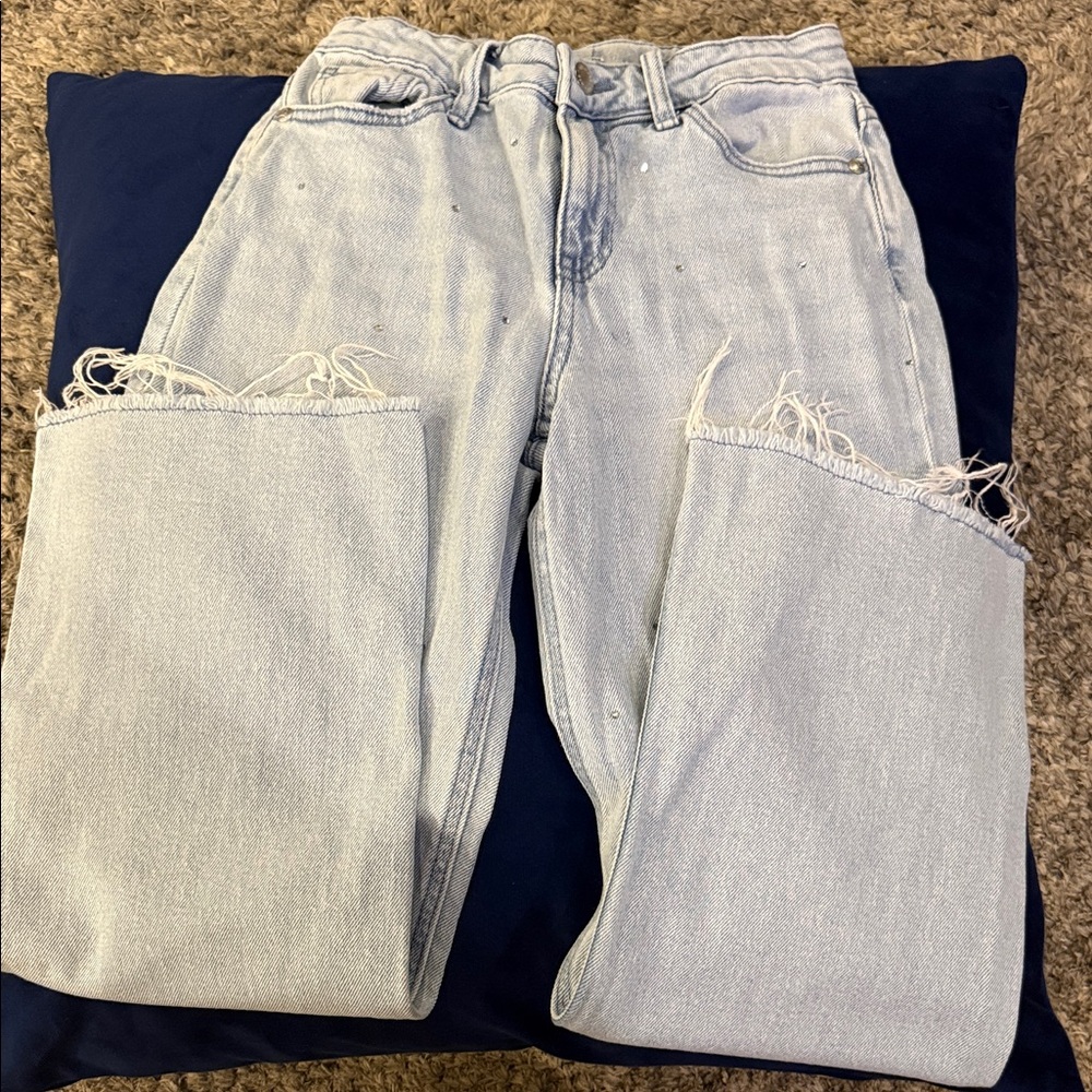 Light Blue Distressed Rhinestone Jeans